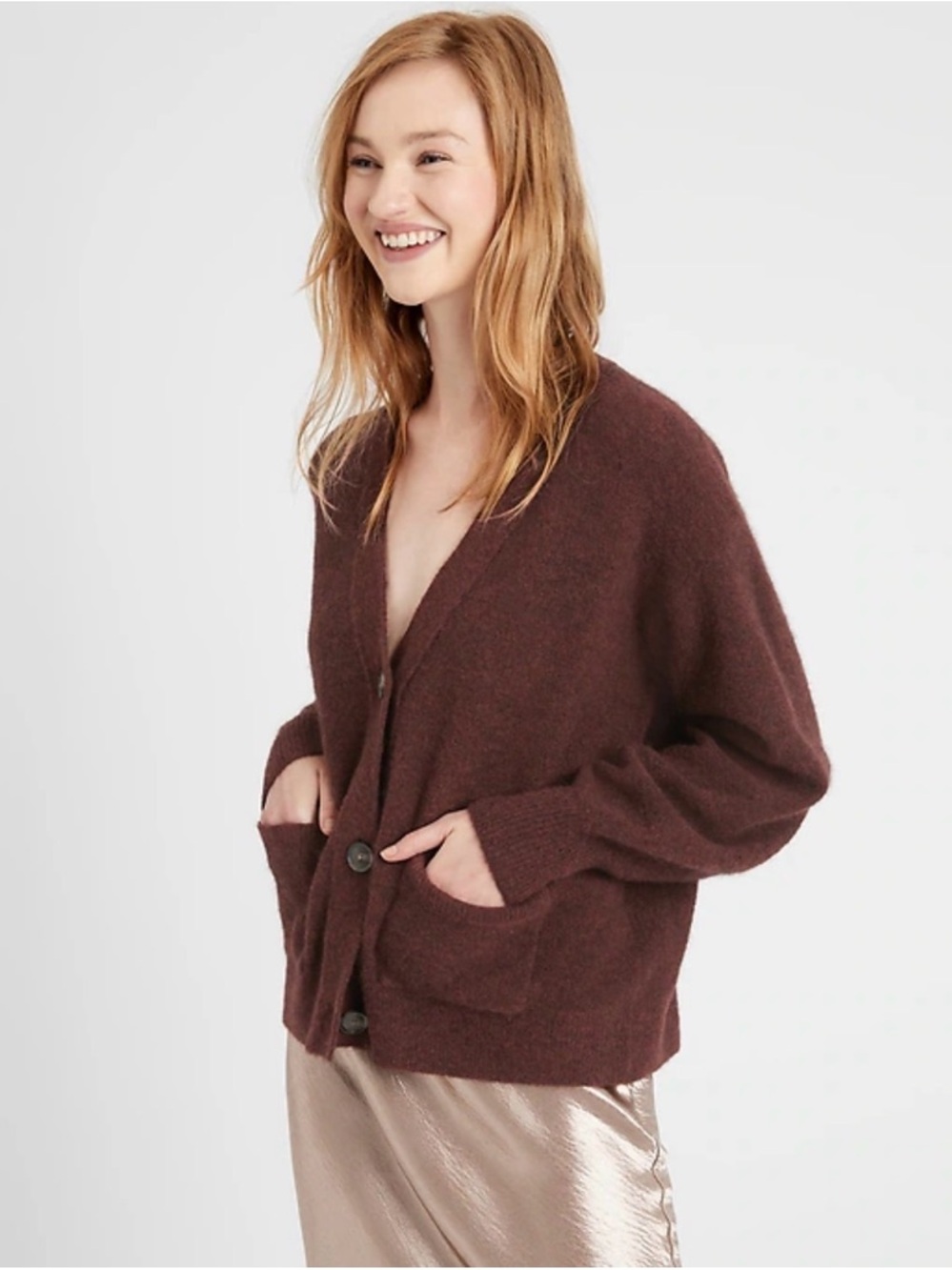 Banana Republic Blouson Sleeve Cardigan Wool Alpaca Sweater Mahogany Brown S